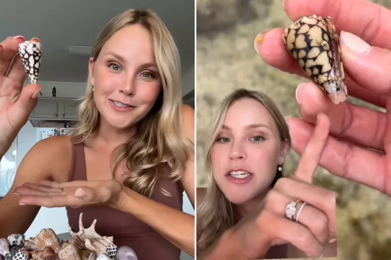 Beckylee Rawls đang cho xem những vỏ ốc nón mà cô đã thu thập được và một vỏ cô tìm thấy ở Nhật Bản. (Ảnh: @beckyleeinoki/TikTok)