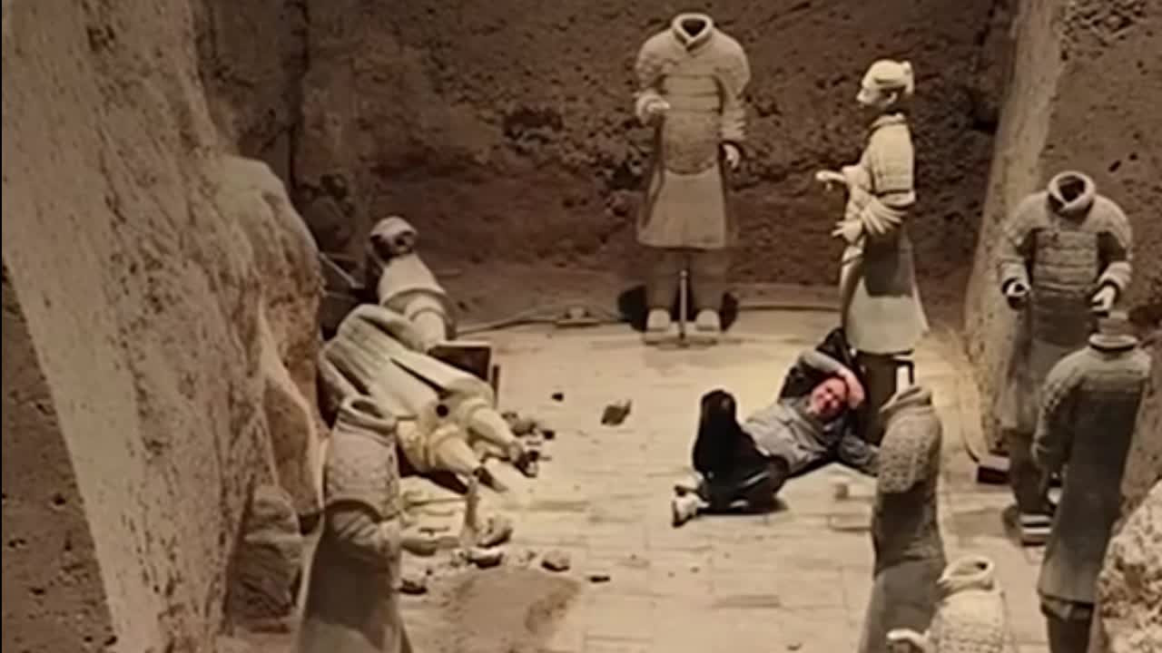 Người đàn ông mắc bệnh tâm thần nhảy xuống hố khai quật Đội quân đất nung.