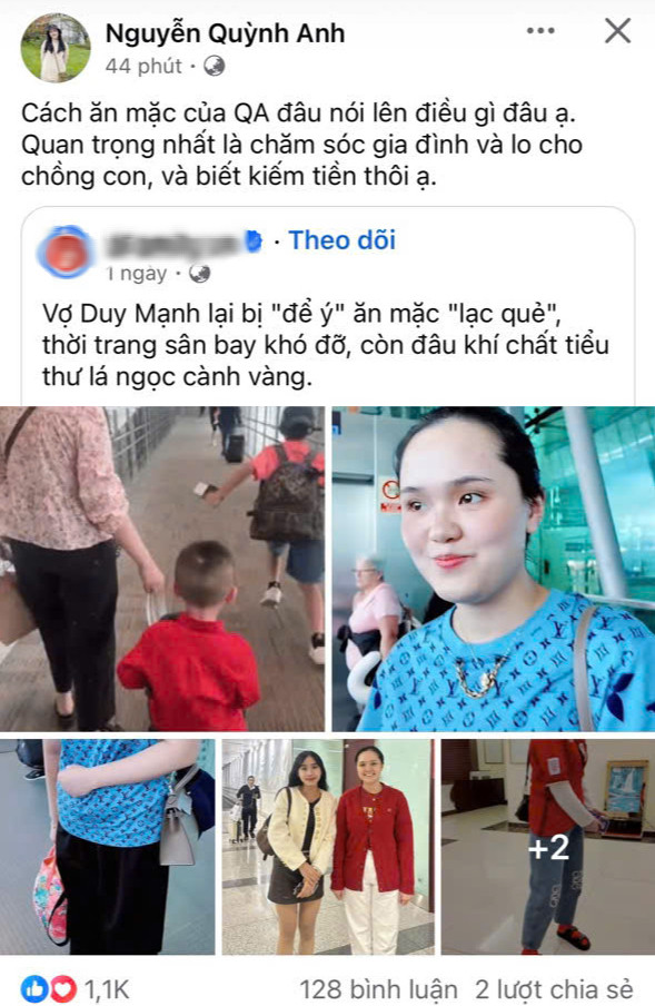 Xôn xao vợ Duy Mạnh phản pháo khi bị chê lắm tiền mà ăn mặc lạc quẻ