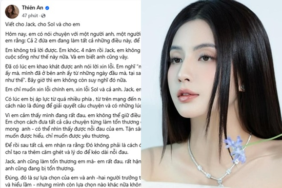 Thiên An viết tâm thư 'xin lỗi' Jack, mong được khép lại mọi chuyện