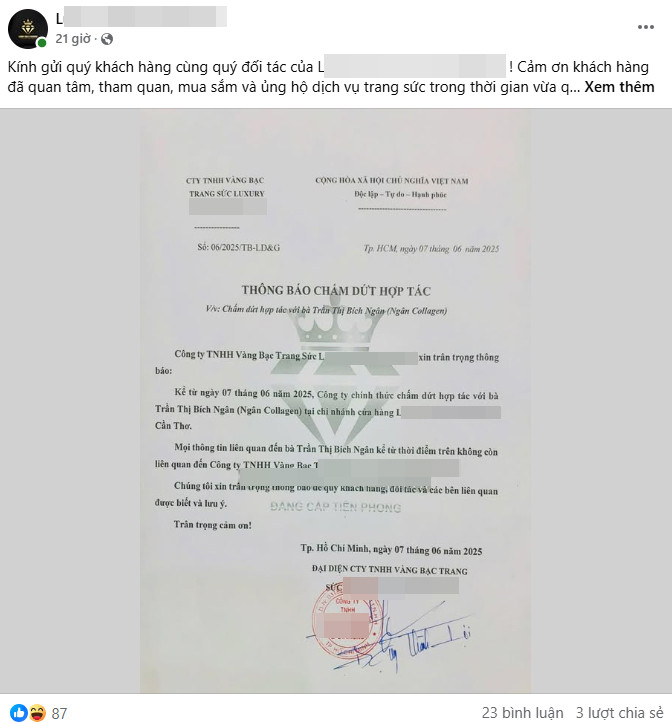 Phía công ty bán kim cương chấm dứt hợp đồng tiết lộ nóng liên quan đến Ngân Collagen