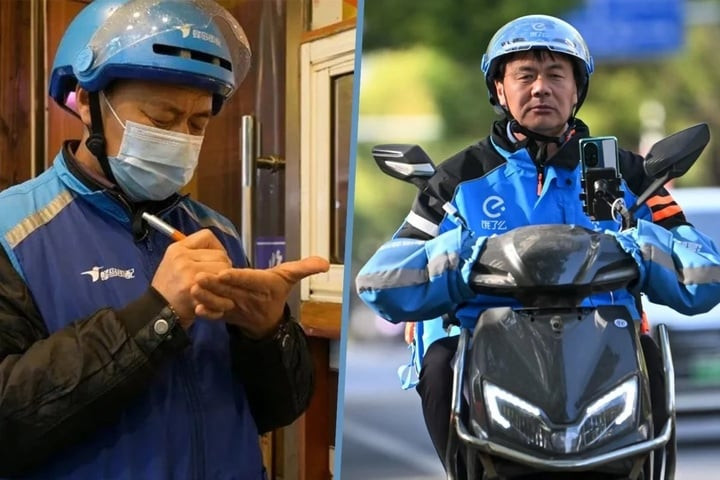 Ông Vương viết thơ vào thời gian rảnh rỗi, thậm chí còn ghi những dòng thơ trên lòng bàn tay khi chờ đơn hàng giao đồ ăn. (Ảnh: Dzwww)