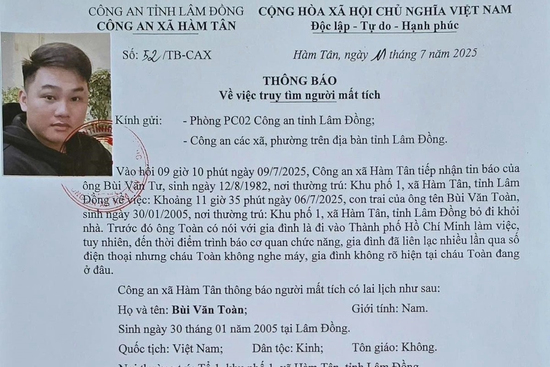 Công an phát thông báo tìm nam thanh niên cao 1,52m mất tích bí ẩn