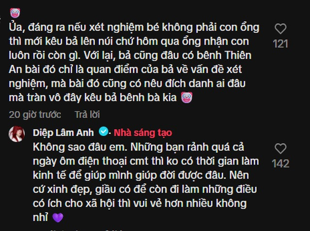 Bị dân mạng dội bom vì ngầm bênh vực Thiên An Diệp Lâm Anh đáp trả