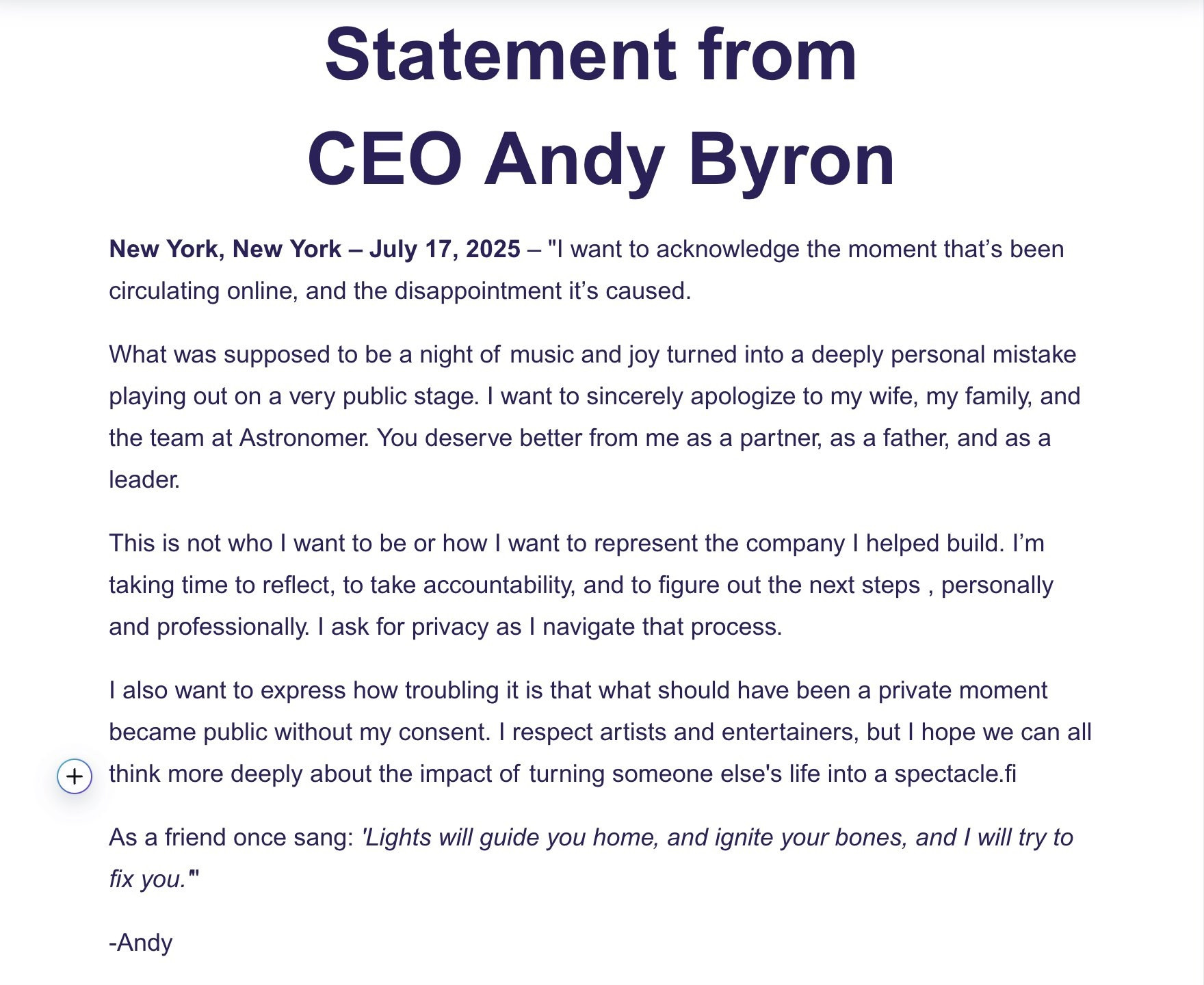 Lời xin lỗi gây bức xúc của CEO Andy Byron khi bị phanh phui chuyện ngoại tình với giám đốc nhân sự