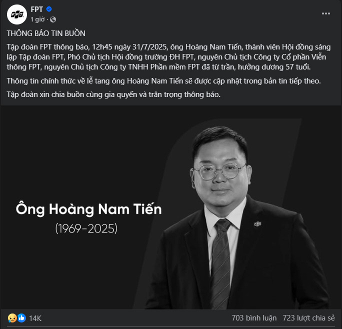 Tập đoàn FPT chia sẻ gây chú ý sau khi ông Hoàng Nam Tiến qua đời