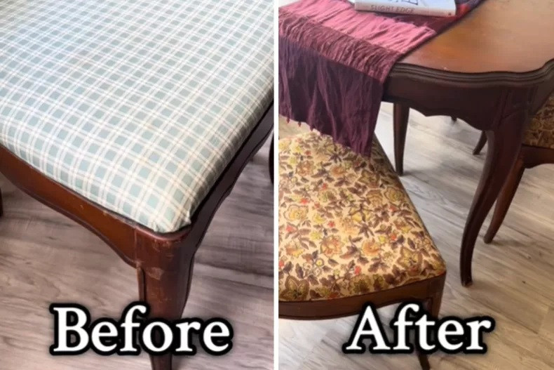 Chiếc ghế trước và sau khi Sabrina McClenithan lột lớp vải bọc ghế.