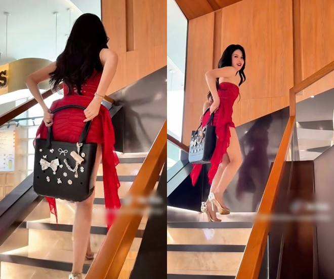 Ngọc Trinh khổ sở che chắn vì chiếc đầm không che hết vòng 3