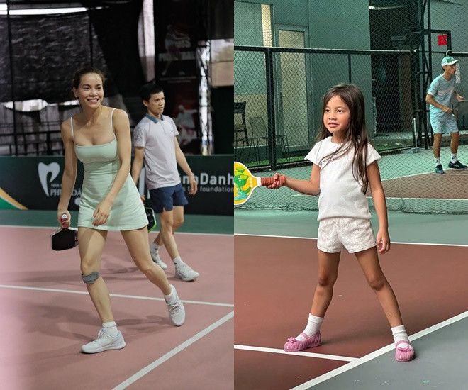 2 ái nữ 5 tuổi nhà Đông Nhi Hồ Ngọc Hà đọ chân dài dáng dấp như người mẫu trên sân pickleball