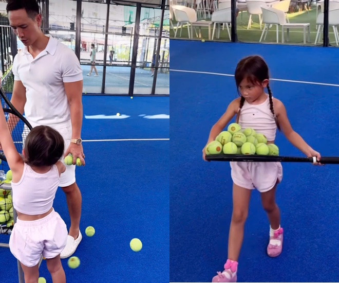 2 ái nữ 5 tuổi nhà Đông Nhi Hồ Ngọc Hà đọ chân dài dáng dấp như người mẫu trên sân pickleball