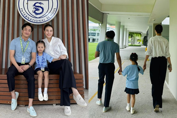 Vợ chồng Cường Đô La - Đàm Thu Trang lên đồ 'đậm mùi tiền' đưa ái nữ Suchin đi học