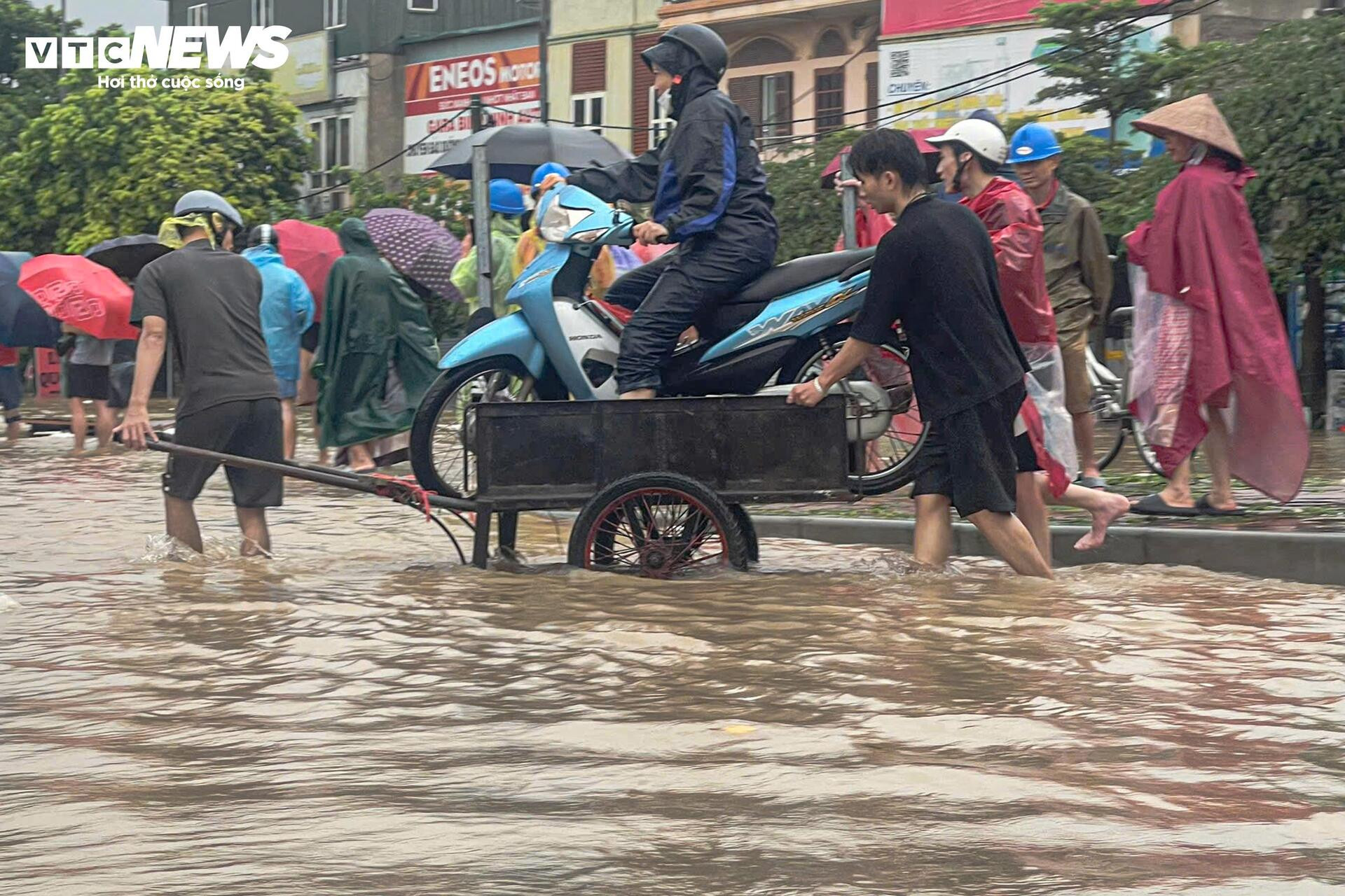 Ngập tới bụng trên quốc lộ, xe kéo 'cõng' xe máy vượt biển nước - 13