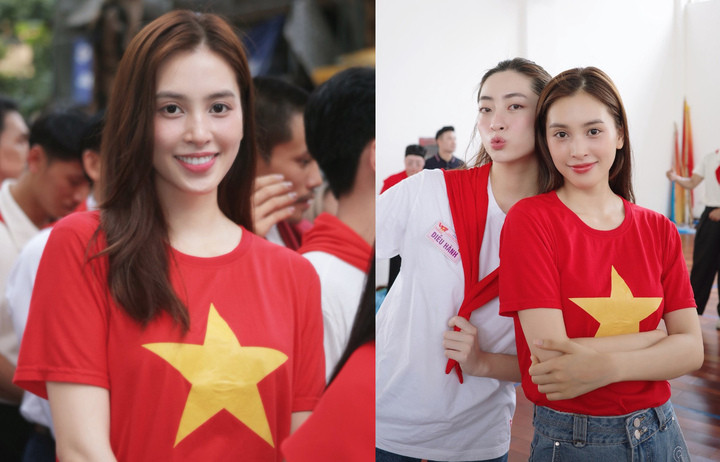 Diện trang phục giản dị, trang điểm nhẹ nhàng, nhưng nàng hậu vẫn nổi bật giữa đám đông.