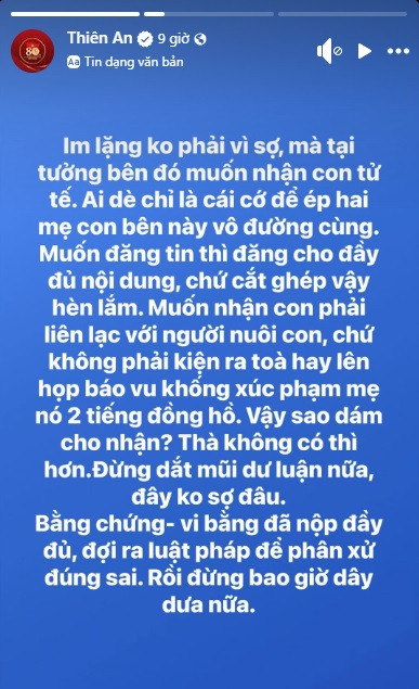 Thiên An tung tin nhắn làm giấy khai sinh cho con đáp trả lại Jack