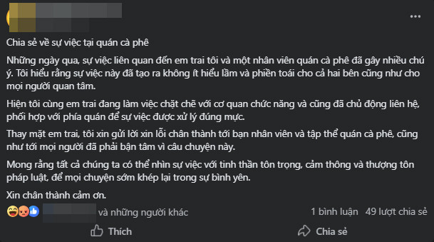 Thông báo mới gây chú ý của chủ quán cà phê ở Hà Nội sau khi con trai bị hành hung