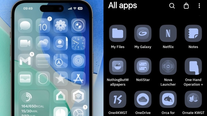 Bộ biểu tượng Liquid Glass, iOS 26 (trái) - và Material You, Android (phải).