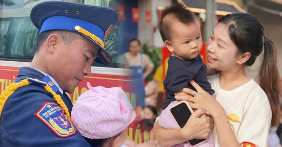 Vợ bế con 9 tháng tuổi chờ chồng diễu binh, giây phút gặp mặt vỡ òa hạnh phúc