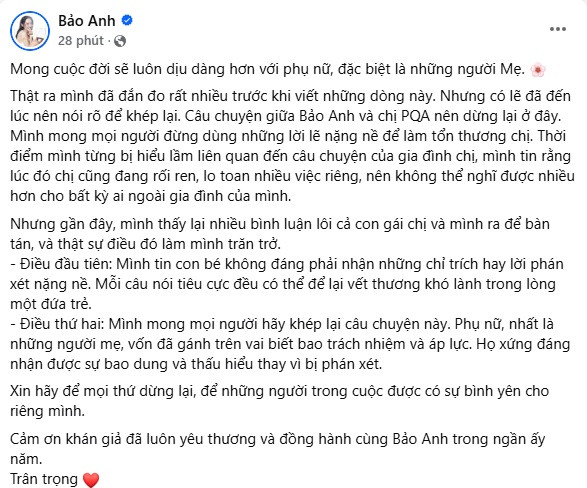 Bảo Anh làm rõ tin đồn liên quan đến gia đình Phạm Quỳnh Anh mong mọi chuyện dừng lại