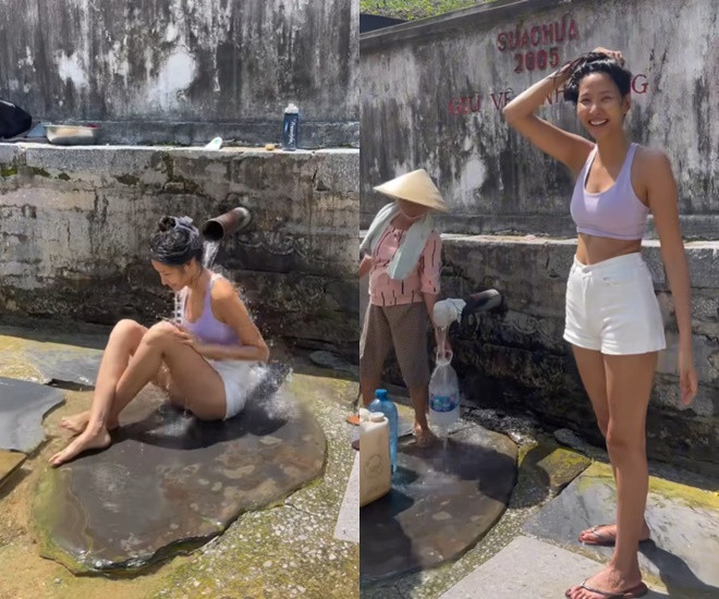 Giật mình cảnh Á hậu Vbiz vô tư tắm gội nơi công cộng netizen soi kĩ 1 chi tiết