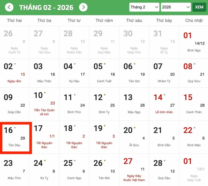 Ngày 16/02/2026 Dương lịch (thứ Hai) tương ứng với ngày 29 tháng Chạp năm Ất Tỵ.