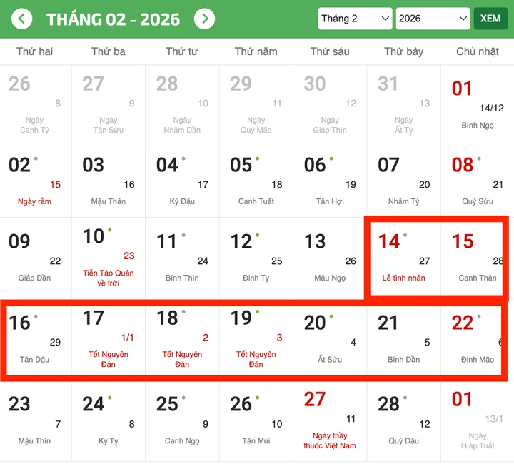 Lịch nghỉ Tết Nguyên đán năm 2026 kéo dài 9 ngày.