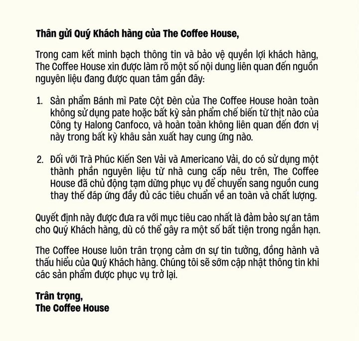 The Coffee House khẳng định không liên quan đến Halong Canfoco trong bất kỳ khâu sản xuất hay cung ứng nào.