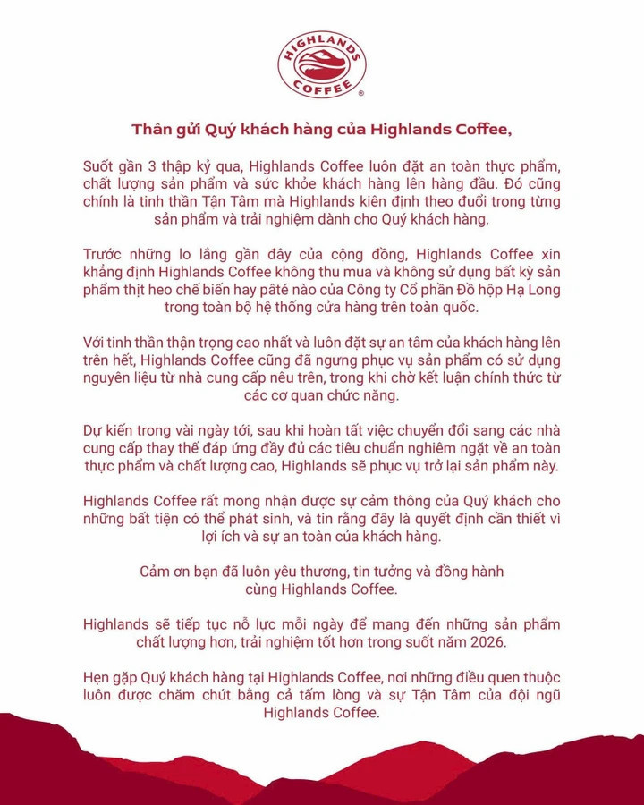 Highlands Coffee cũng nói không thu mua, không sử dụng sản phẩm thịt heo chế biến nào của Halong Canfoco.
