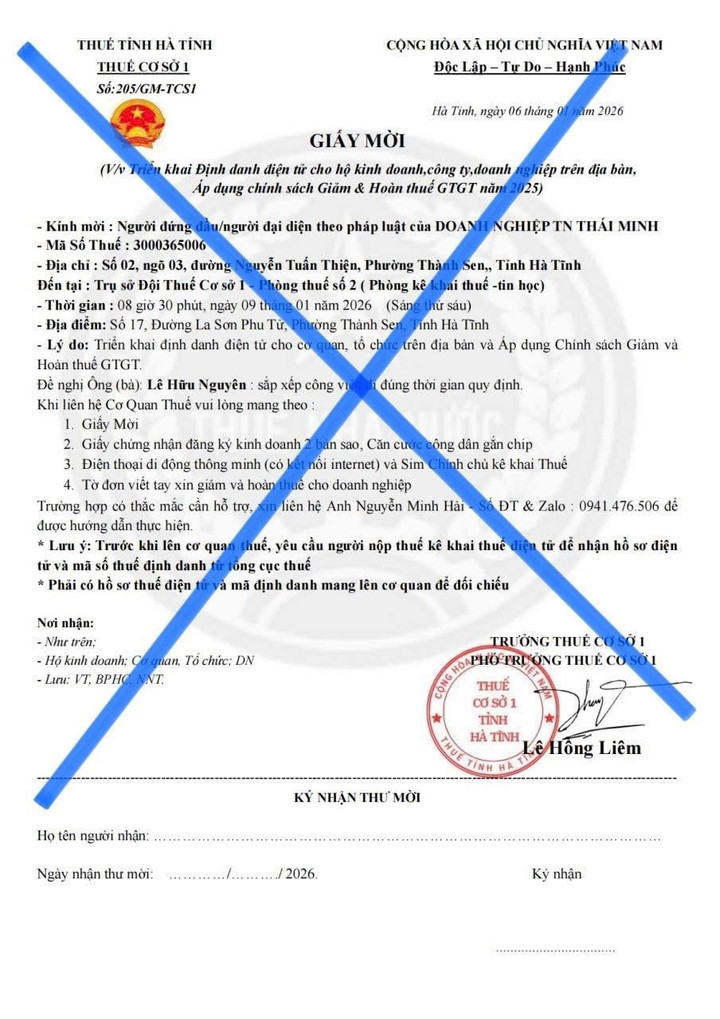 Văn bản bị phát hiện giả mạo cơ quan thuế.