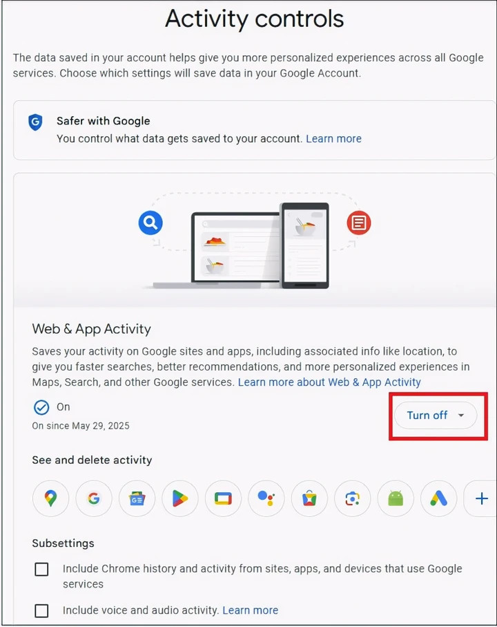 Người dùng có thể tắt hoặc xóa lịch sử truy cập Google để giảm thiểu việc thu thập thông tin cá nhân. (Nguồn: PCMag)