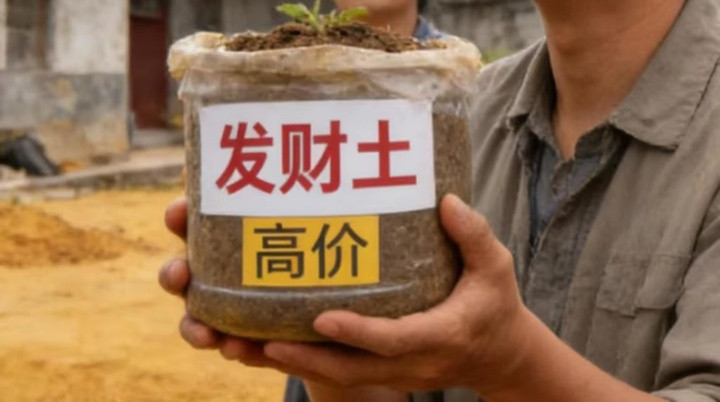 Một người đàn ông giơ cao một thùng chứa loại đất được gọi là