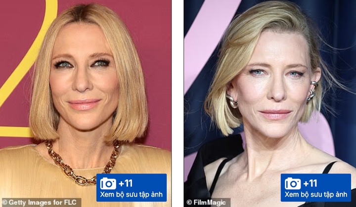 Nữ diễn viên Cate Blanchett kẻ mắt đậm (ảnh trái) vào năm 2024, và với kiểu trang điểm nhẹ nhàng hơn trong năm nay.