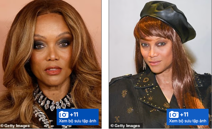 Người mẫu Tyra Banks thể hiện hai cách trang điểm mắt khói, một theo phong cách ấn tượng (ảnh trái) và một theo phong cách tự nhiên hơn (ảnh phải).