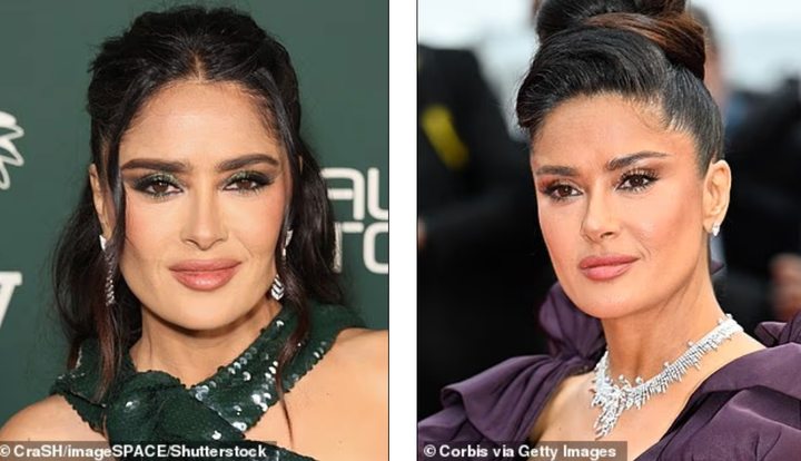 Salma Hayek năm 2023 với lớp phấn mắt nhũ nổi bật phủ toàn bộ mí mắt (ảnh trái), với lớp phấn nhũ nhẹ hơn (ảnh phải).