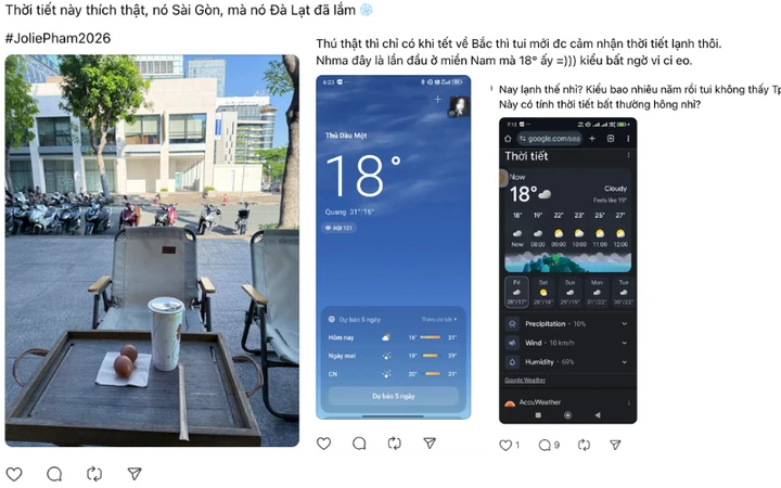 Trên nền tảng Threads, nhiều bạn trẻ liên tục đăng tải cảm xúc thích thú, thậm chí hài hước về thời tiết hiếm hoi này. (Ảnh chụp màn hình)