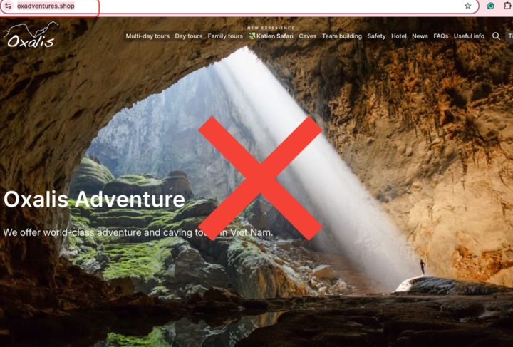 Website giả mạo thương hiệu Oxalis Adventure chào bán tour thám hiểm hang Sơn Đoòng. (Ảnh: Công an Quảng Trị)