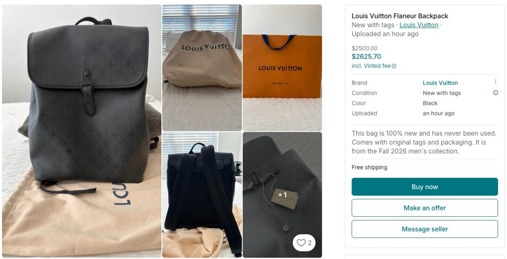 Ảnh ghép một chiếc ba lô Louis Vuitton Flaneur đang được rao bán trên một nền tảng bán lại.