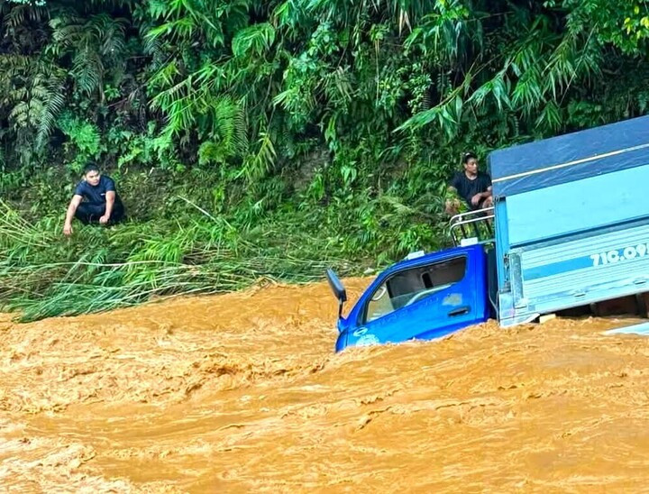 3 người trên xe tải kịp thời nhảy ra khỏi xe tải và lên bờ.