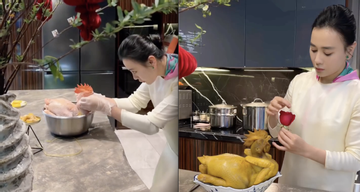 Hình ảnh diễn viên Phương Oanh luộc gà, đồ xôi trong căn bếp triệu view gây sốt