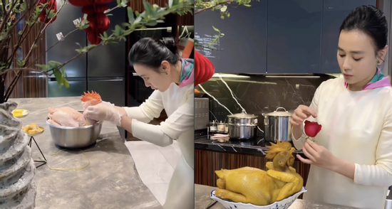 Hình ảnh diễn viên Phương Oanh luộc gà, đồ xôi trong căn bếp triệu view gây sốt