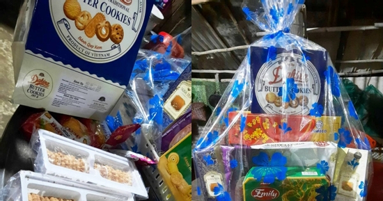 Bi hài khui giỏ quà Tết: Vỏ như hàng 'ngoại nhập' lộng lẫy, ruột lèo tèo vài chiếc bánh 'fake'