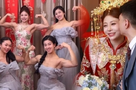 Cô dâu và phù dâu khoe cơ bắp cuồn cuộn trong đám cưới khiến quan khách trầm trồ