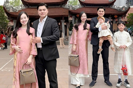 Ly Kute 'bế' bụng bầu đi chơi Tết với chồng công an, quý tử 10 tuổi ra dáng soái ca