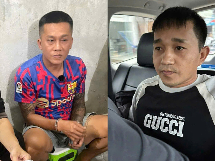 Phạm Anh Tài (áo đỏ) và Lê Văn Ân khi bị bắt.