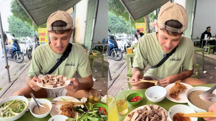 Lần đầu tiên trong đời, vị khách Tây được thử món lòng lợn luộc, uống rượu táo mèo. (Ảnh chụp màn hình)