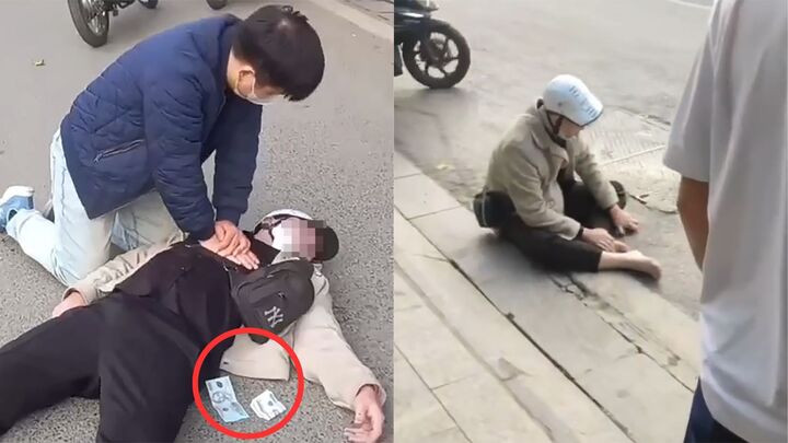 Bác sĩ Tiến cứu người khi những đồng tiền lẻ được rải vương vãi xung quanh. (Ảnh chụp màn hình)