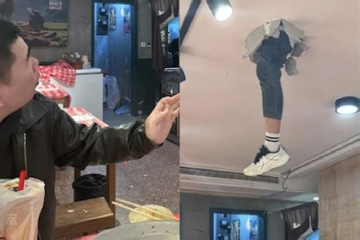 Đang ăn lẩu ếch, thực khách 'đứng tim' khi thấy 'vật lạ' xuyên thủng trần nhà