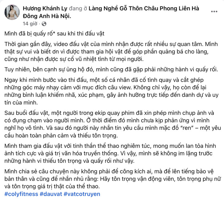 Đô vật Hương Khánh Ly lên tiếng về hành vi quấy rối.