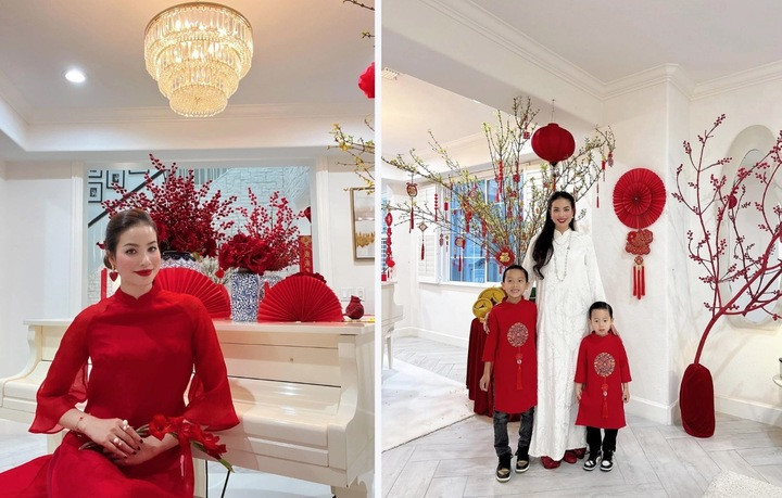 Dù xa quê hương nhưng Phạm Hương vẫn giữ thói quen đón Tết theo phong cách truyền thống. . Mỗi dịp lễ Tết, cô diện áo dài cùng hai con, trang trí nhà cửa theo phong cách Việt.