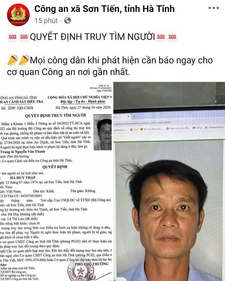 Công an xã Sơn Tiến (Hà Tĩnh) phát thông báo tìm người