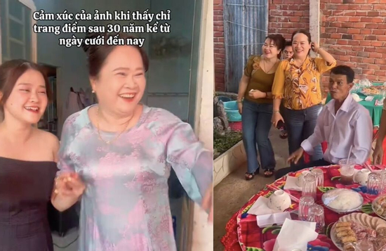 Vẻ kinh ngạc của bố lần đầu thấy mẹ trang điểm sau 30 năm cưới gây xúc động